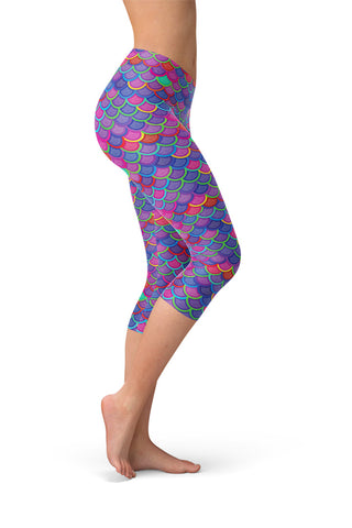 Colorful Purple Mermaid Capri Leggings-Satori Stylez