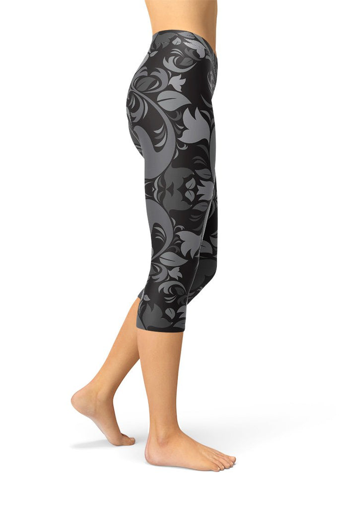 Black & Gray Printed Floral Capri Leggings-Satori Stylez