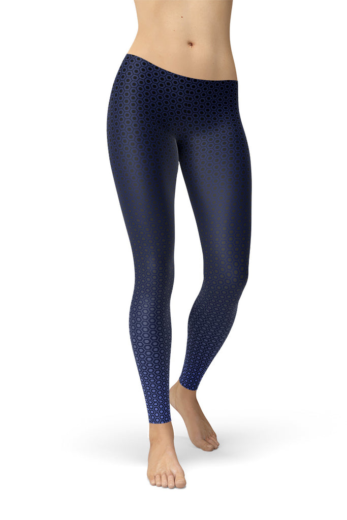 Blue Ombre Sports Leggings with Hexagon Patterns-Satori Stylez