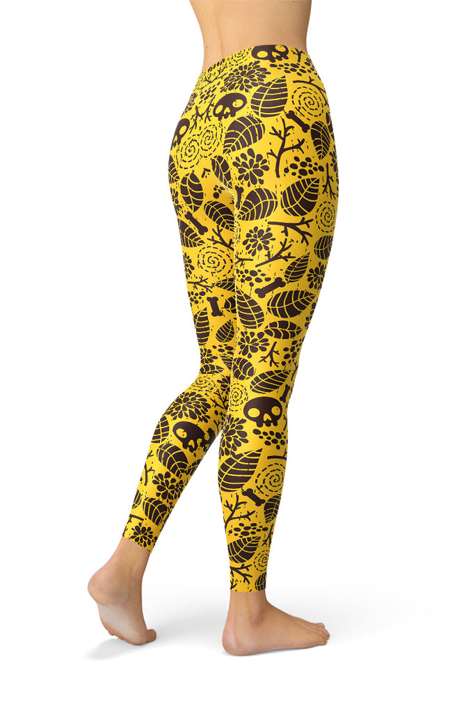 Black & Yellow Skulls n Floral Leggings-Satori Stylez
