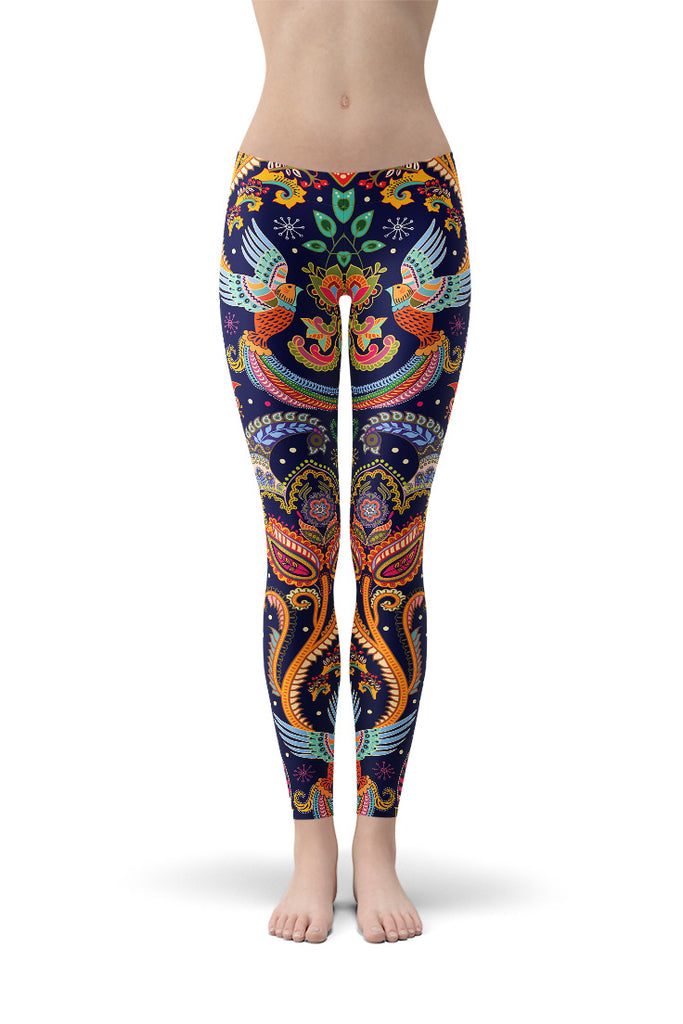 Colorful Ornament Bird Leggings-Satori Stylez